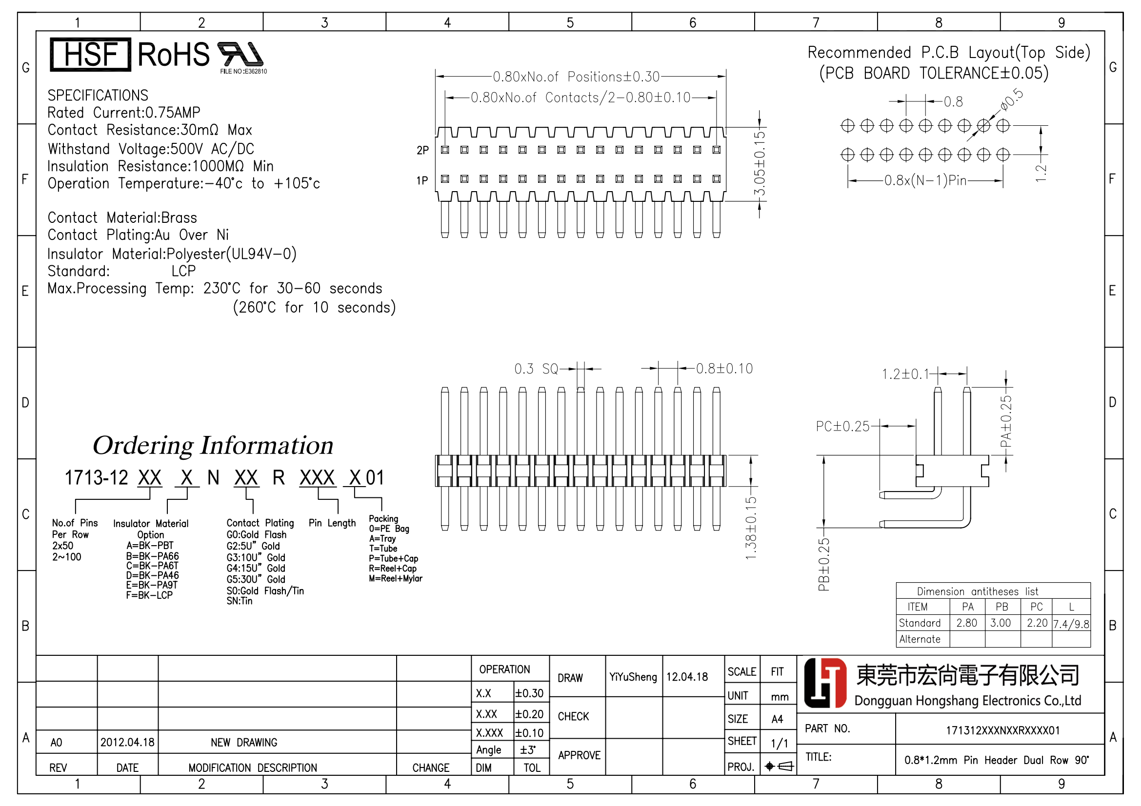 0.8*1.2pin header dual row 90