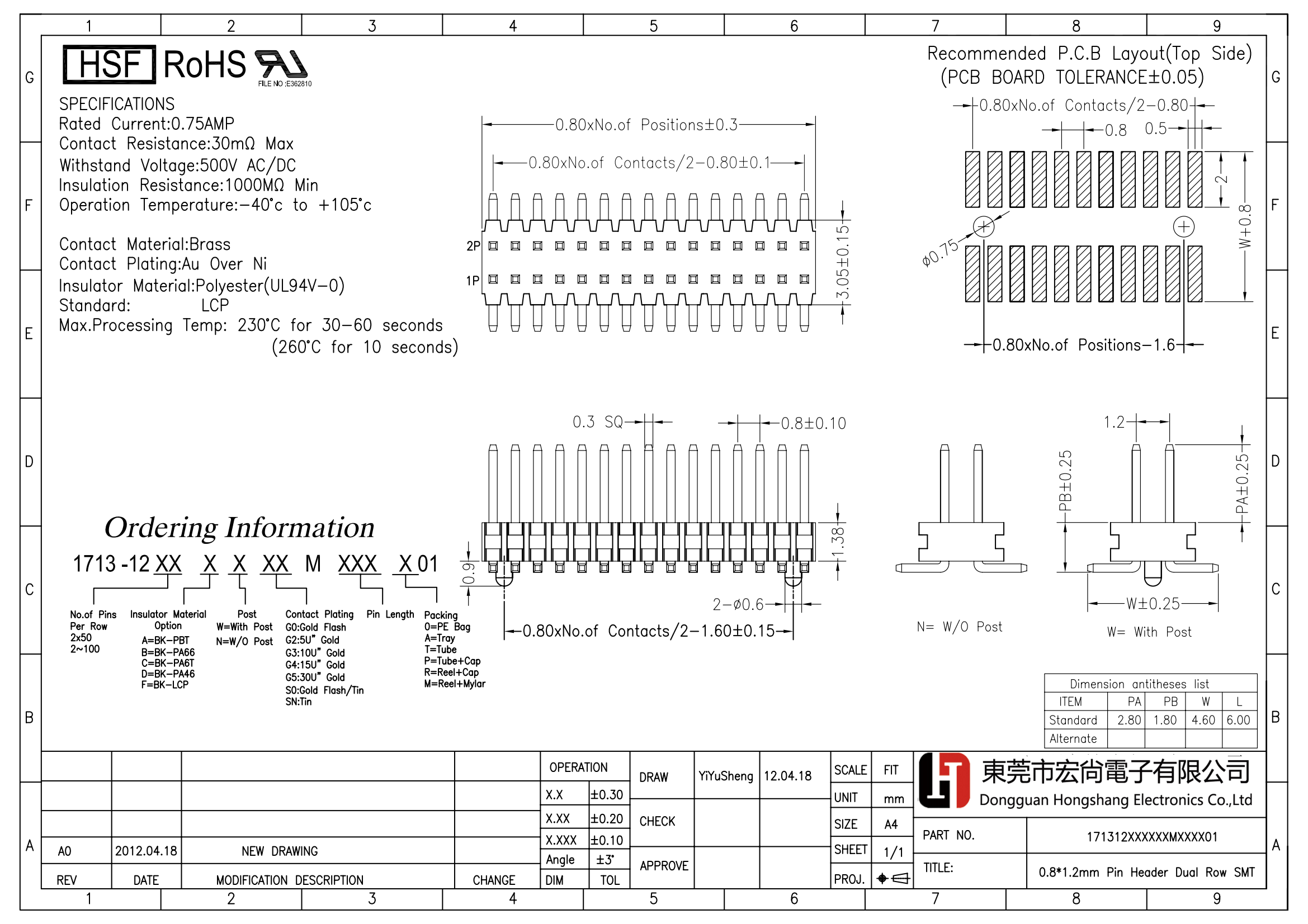 0.8*H1.2mm Pin Header Dual Row SMT