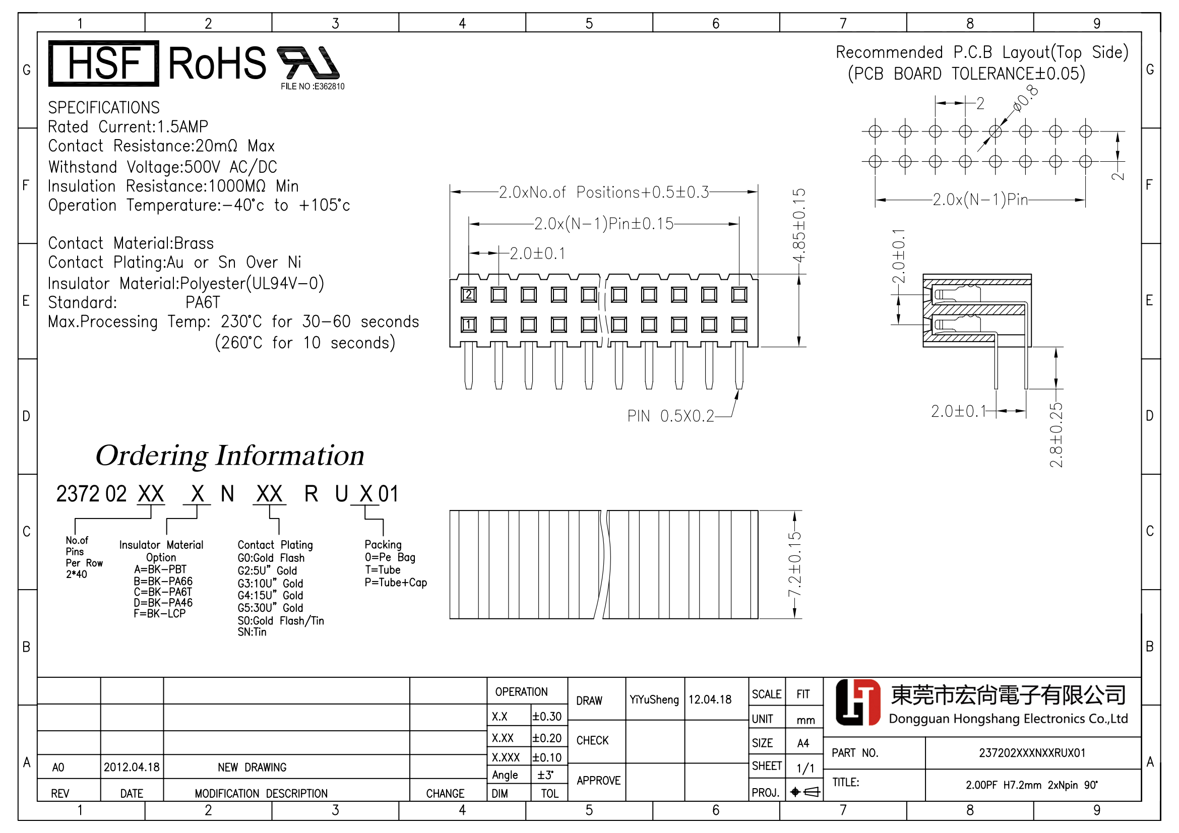 2.0mm female hader H7.2 side entry 2*NP rightn angle