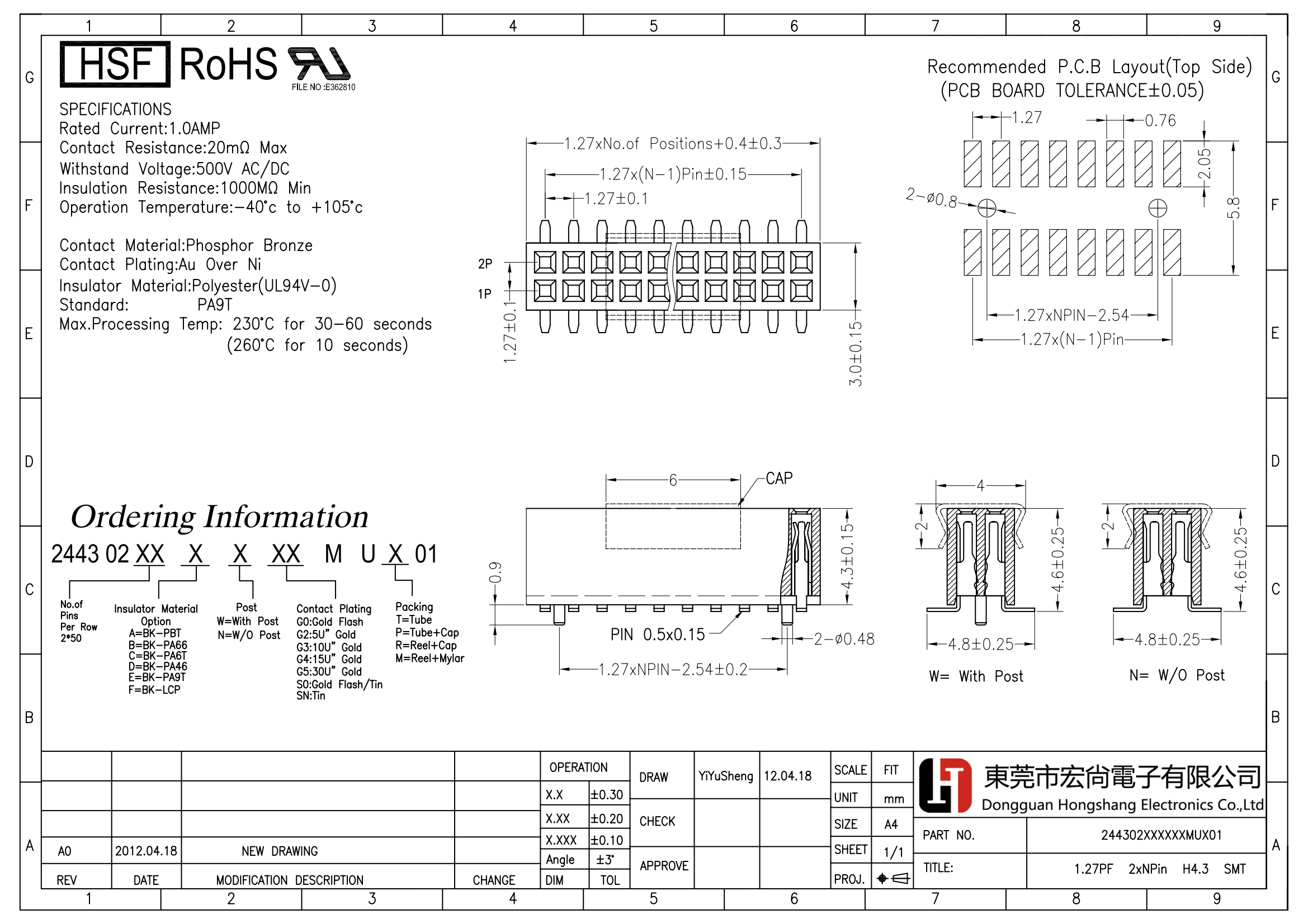 1.27mm Female header H H4.3 2*NP W4.8 SMT