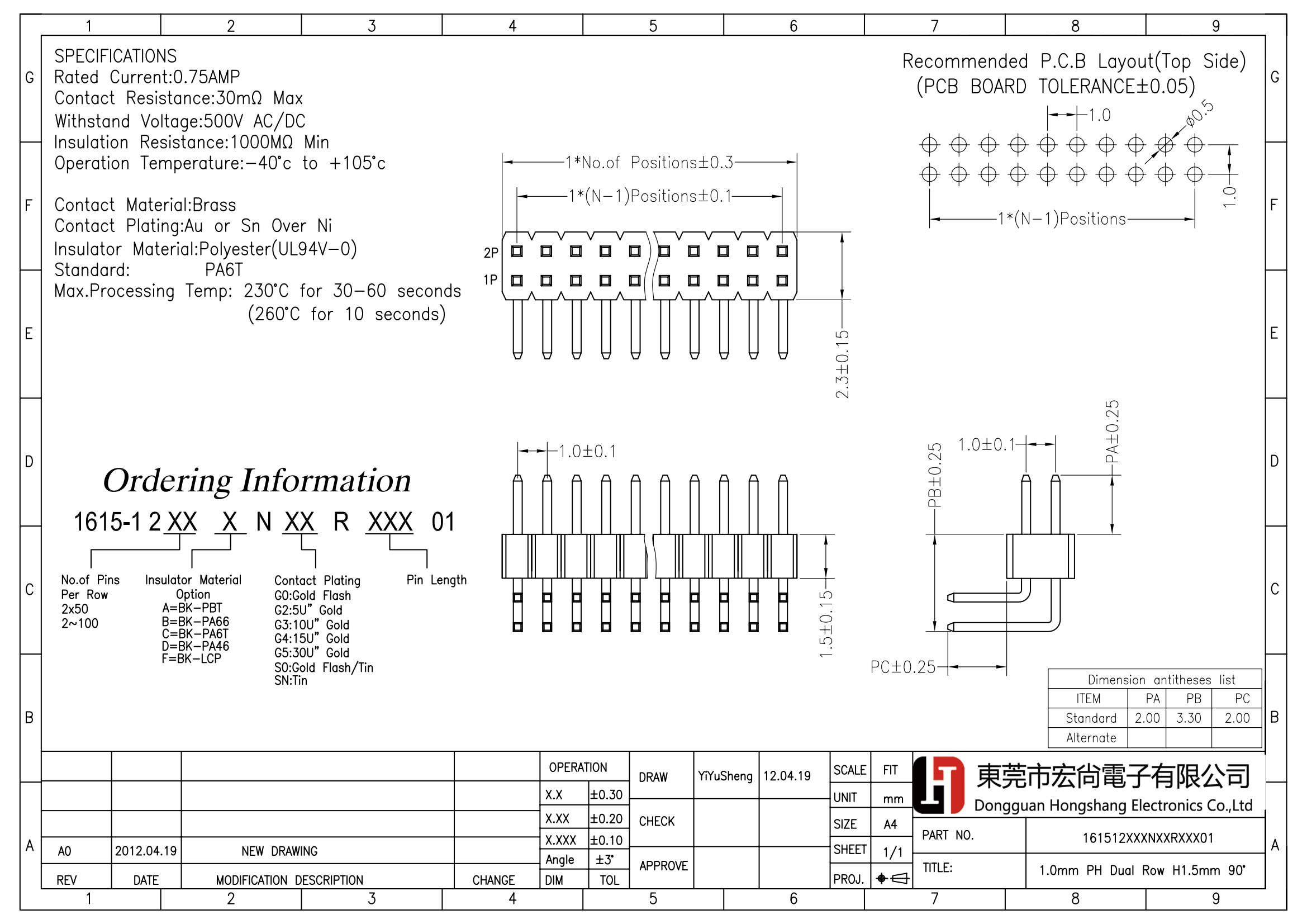 1.0mm pin header H1.5 right angle 2*NP