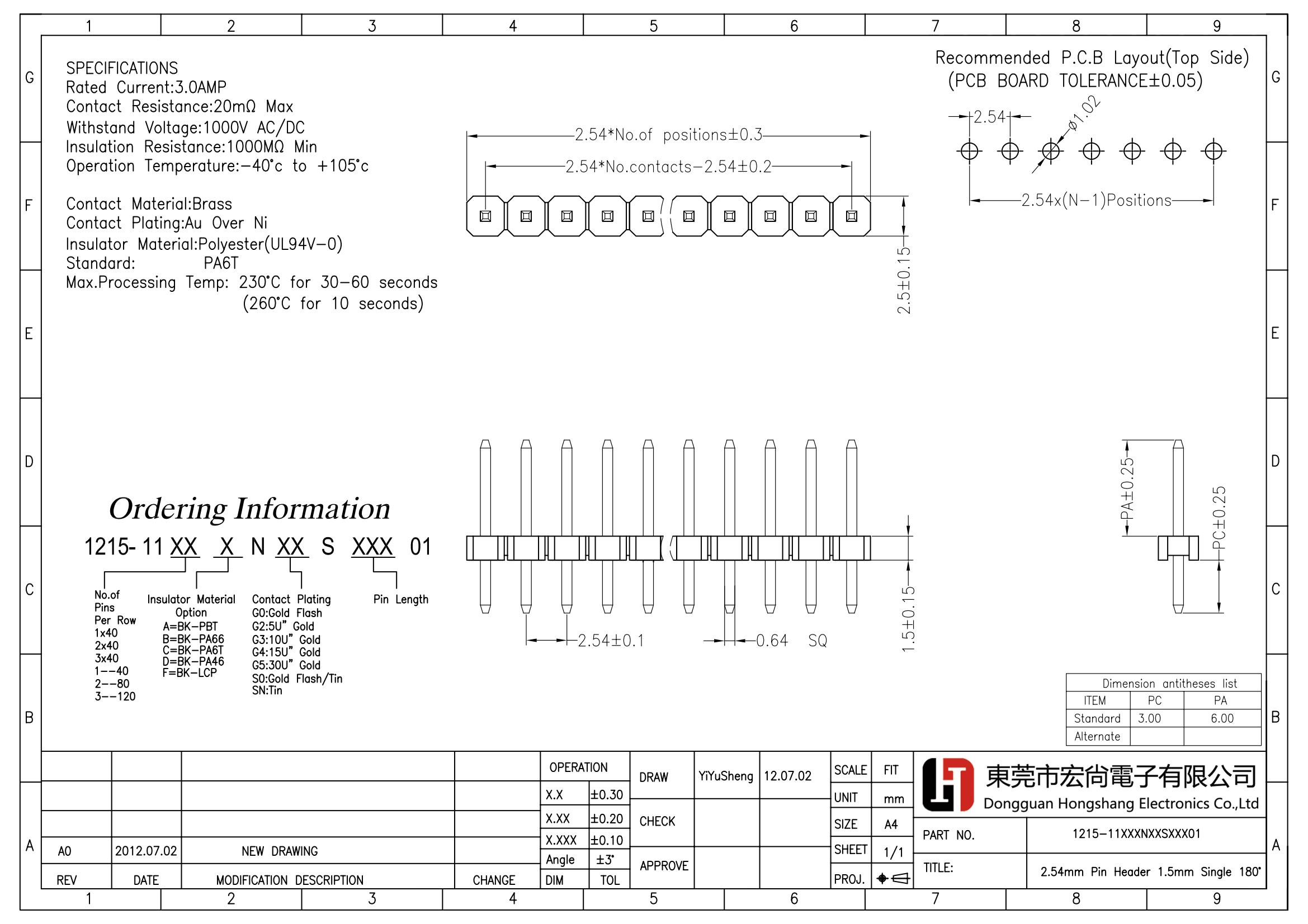 2.54mm pin header H1.5 H1.7 H2.0 H2.5 Single Row single Plastic Straight