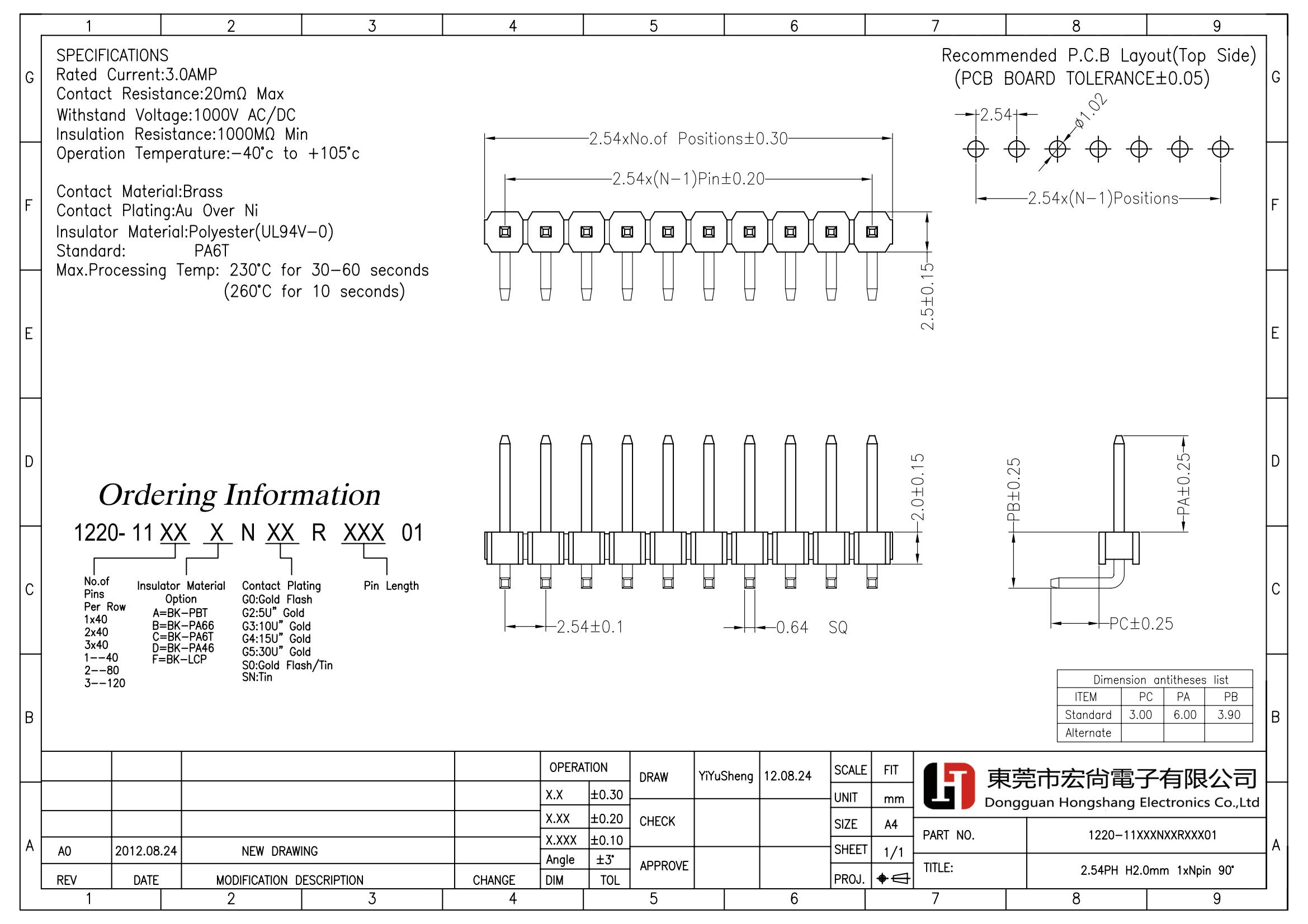 2.54mm pin header H1.5 H1.7 H2.0 H2.5 Single Row single Plastic right angle