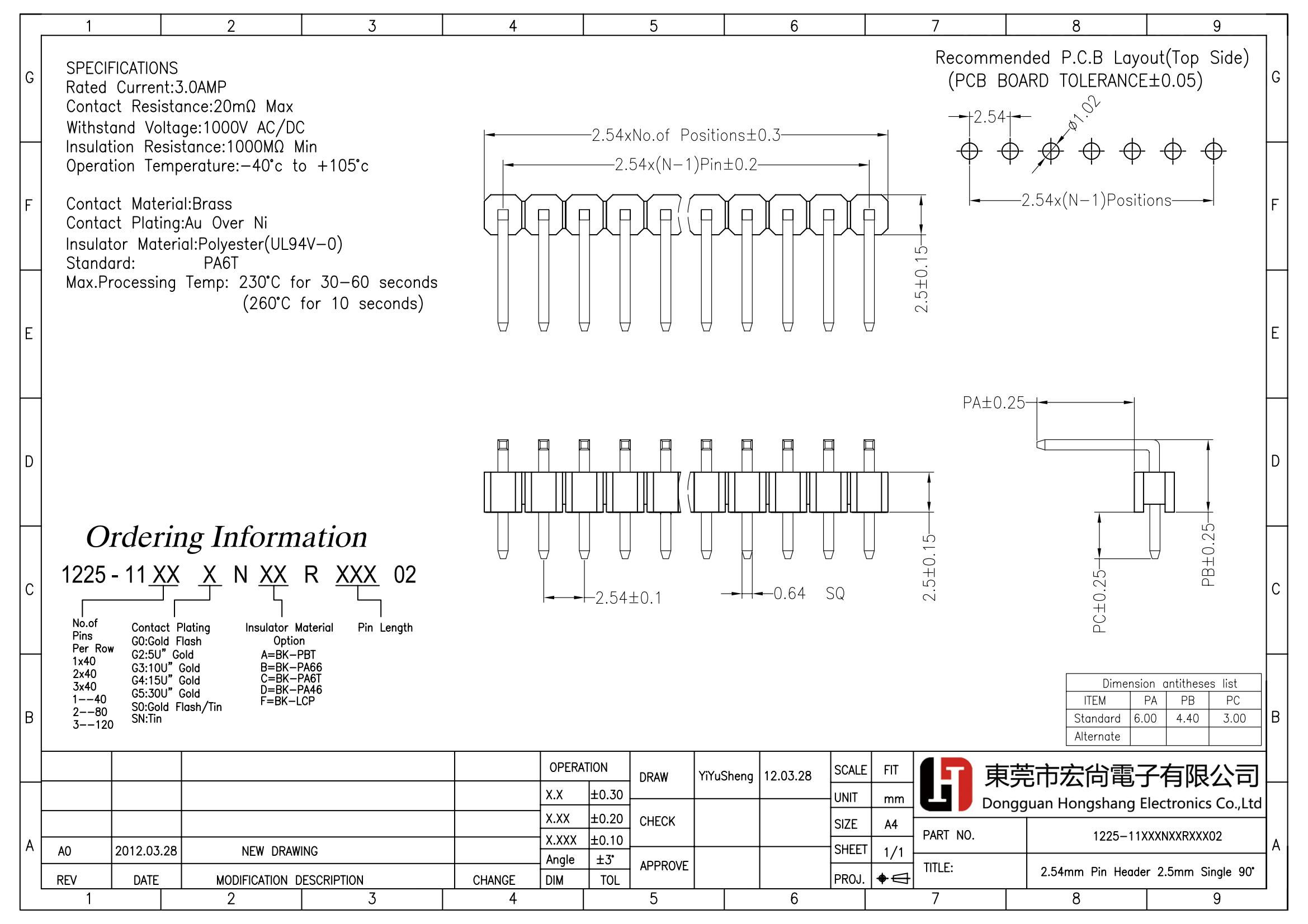 2.54mm pin header H1.5 H1.7 H2.0 H2.5 Single Row single Plastic right angle