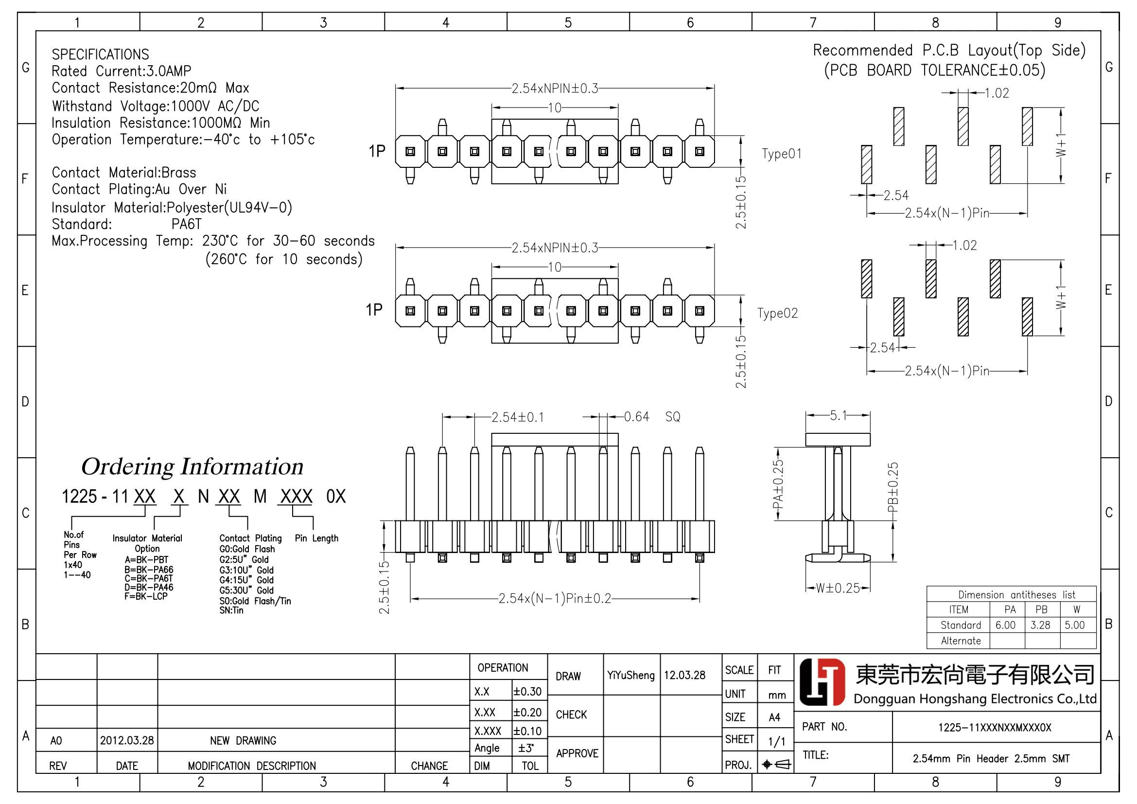 2.54mm pin header H1.5  H2.0 H2.5 Single Row single Plastic SMT