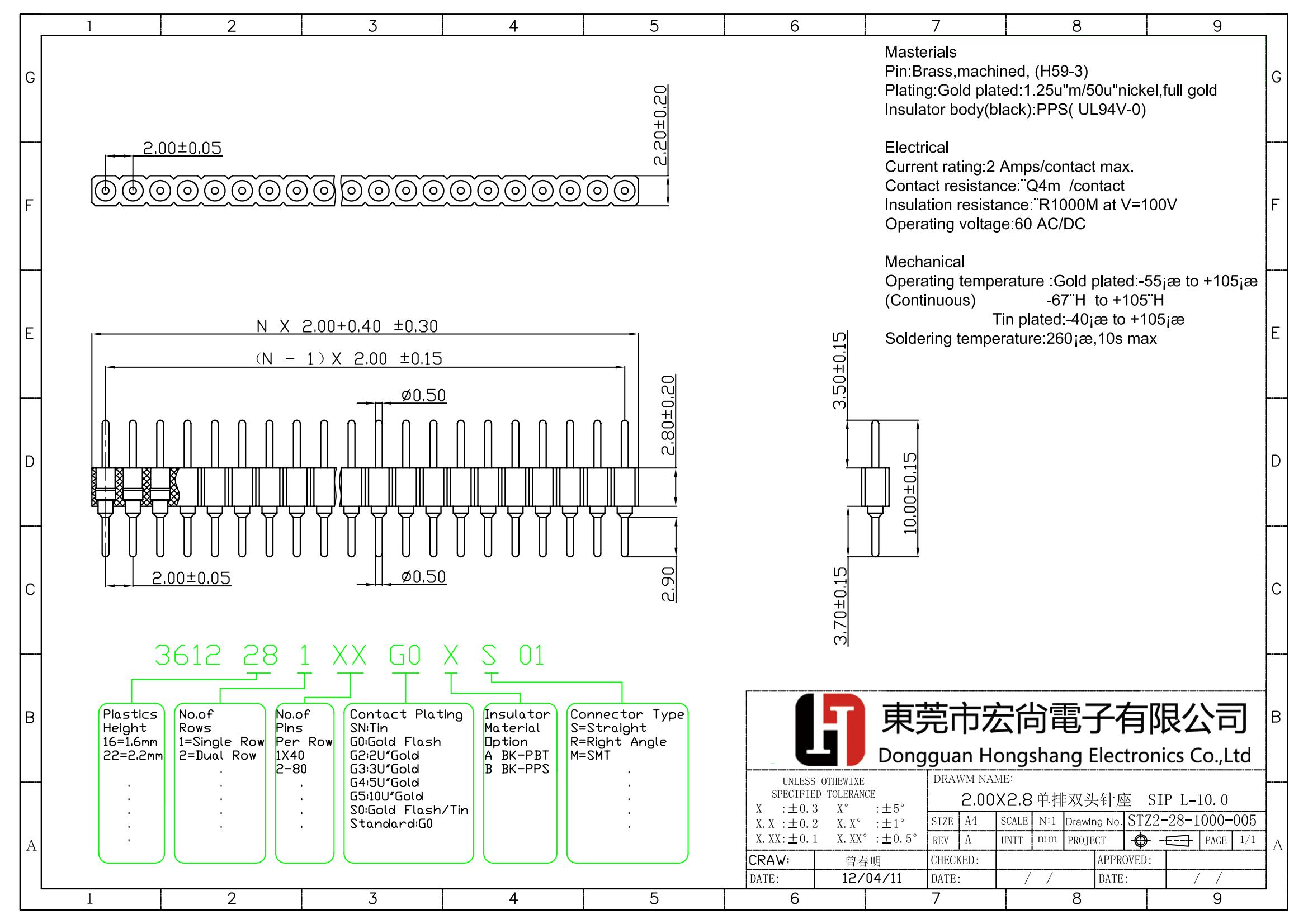 2.0mm pintch H2.8mm single round pin header L=10.0mm DIP