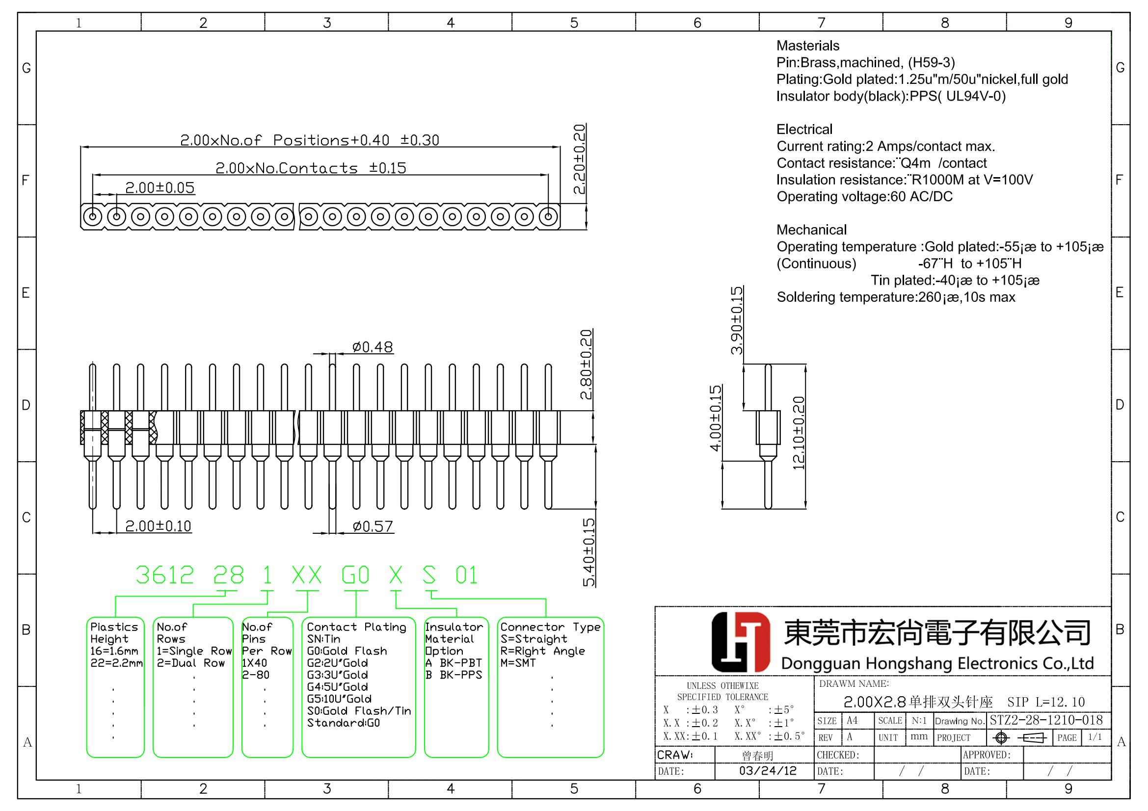 2.0mm pitch H 2.8mm single round pin header dip L=12.1