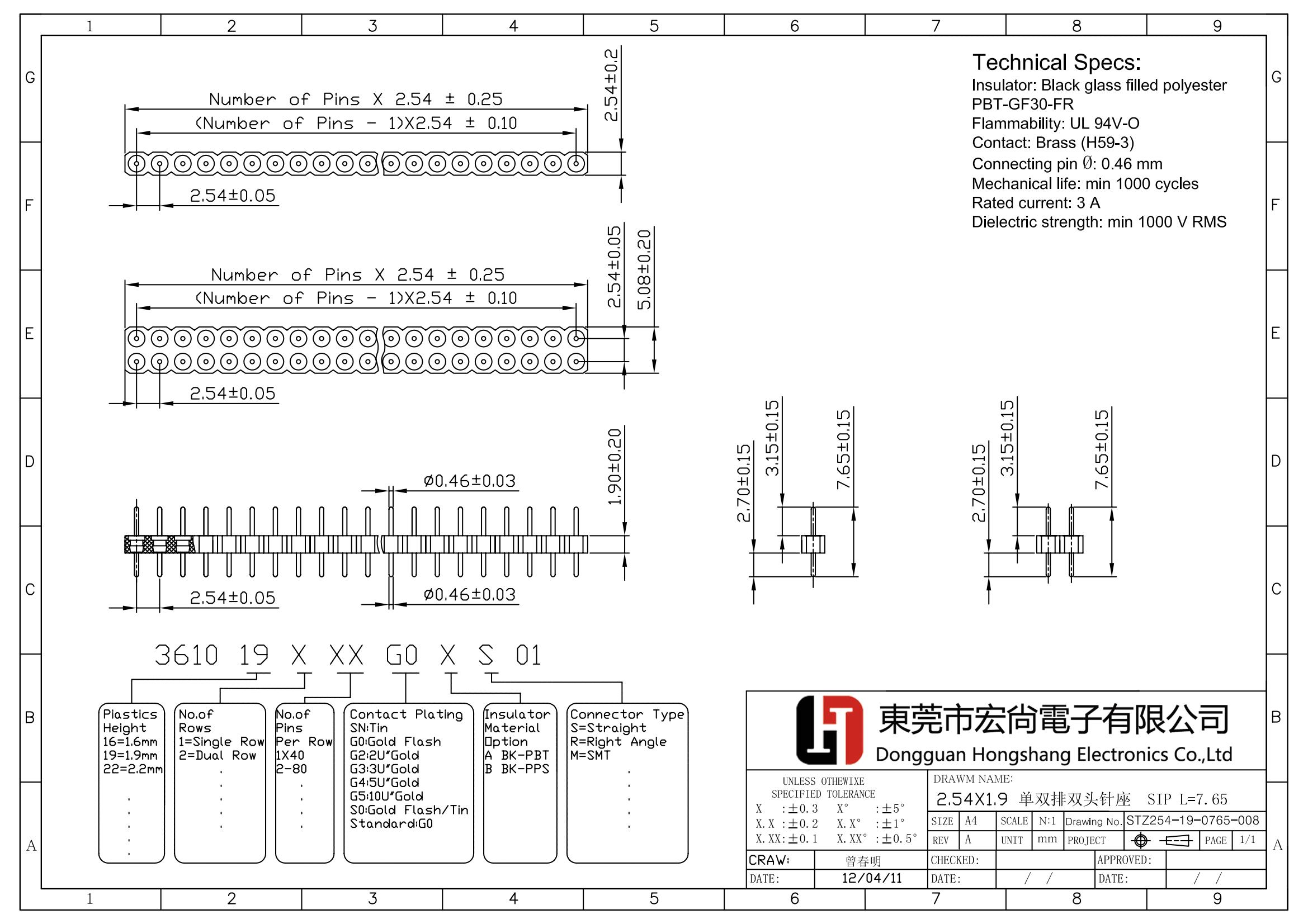 2.54x1.9mm single dual row dip sip L=7.65mm