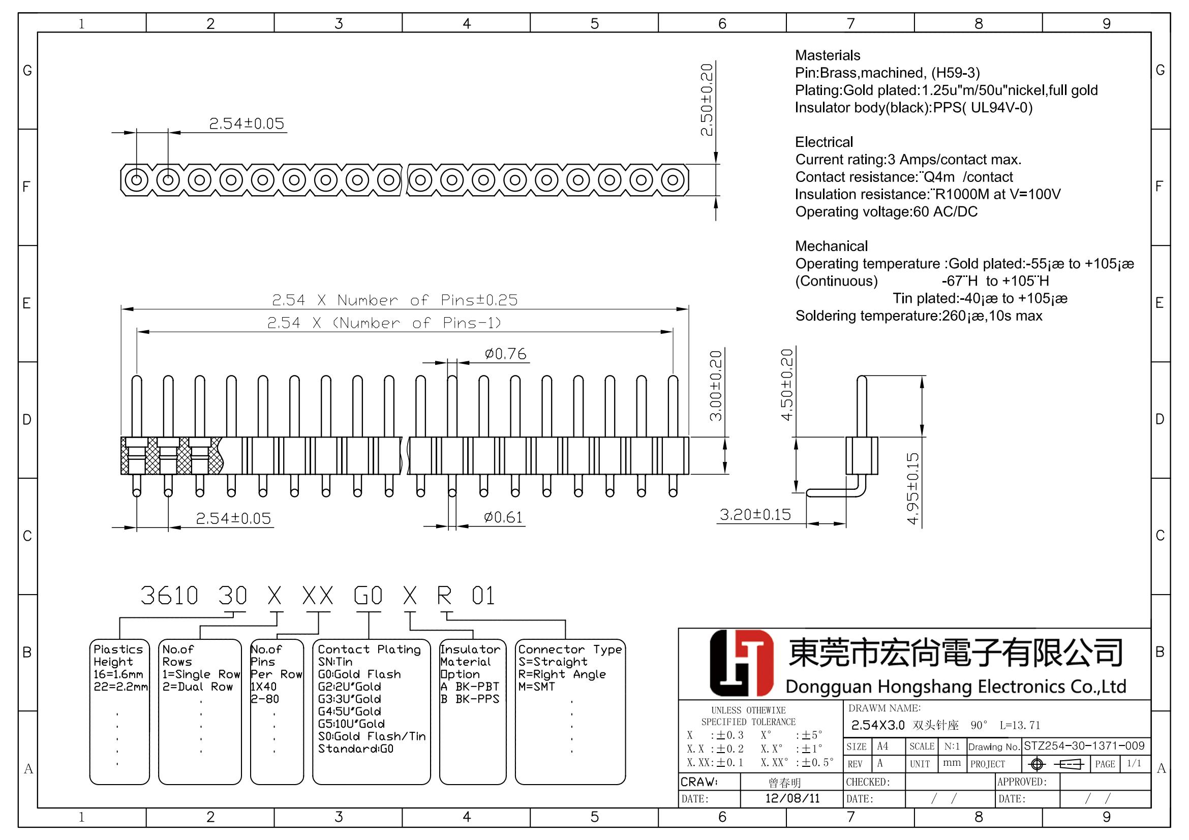 2.54x3.0mm round pin header sip  L=13.71mm