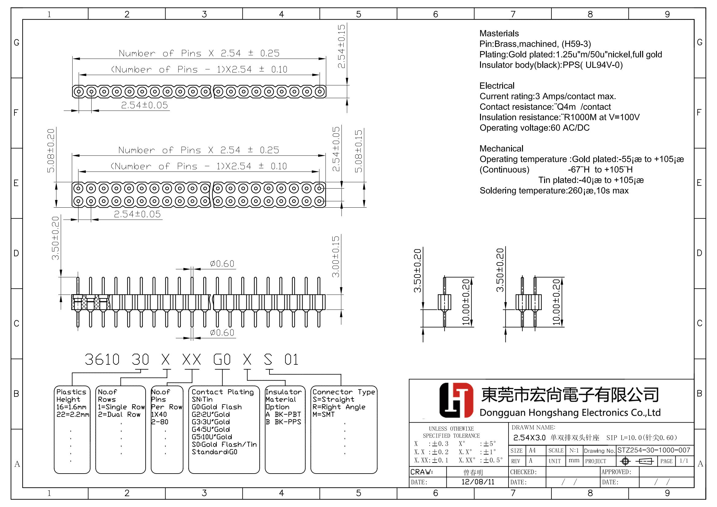 2.54x3.0imm machined pin header  single row dual rowSIP L=10.0(SQ0.6)