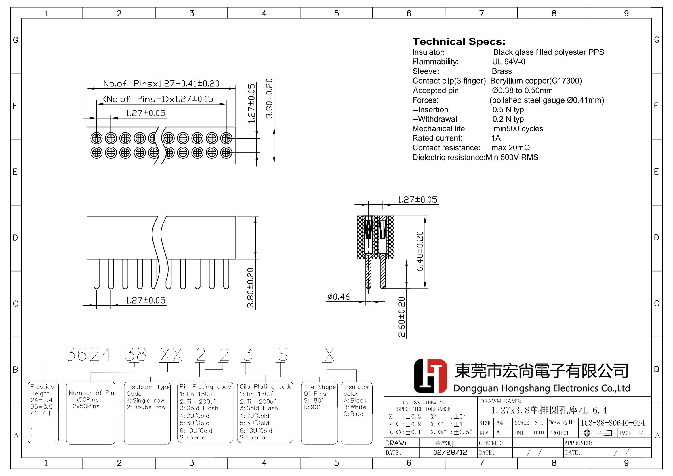 1.1.27xH3.8mm dual row round pin  female header L=6.4