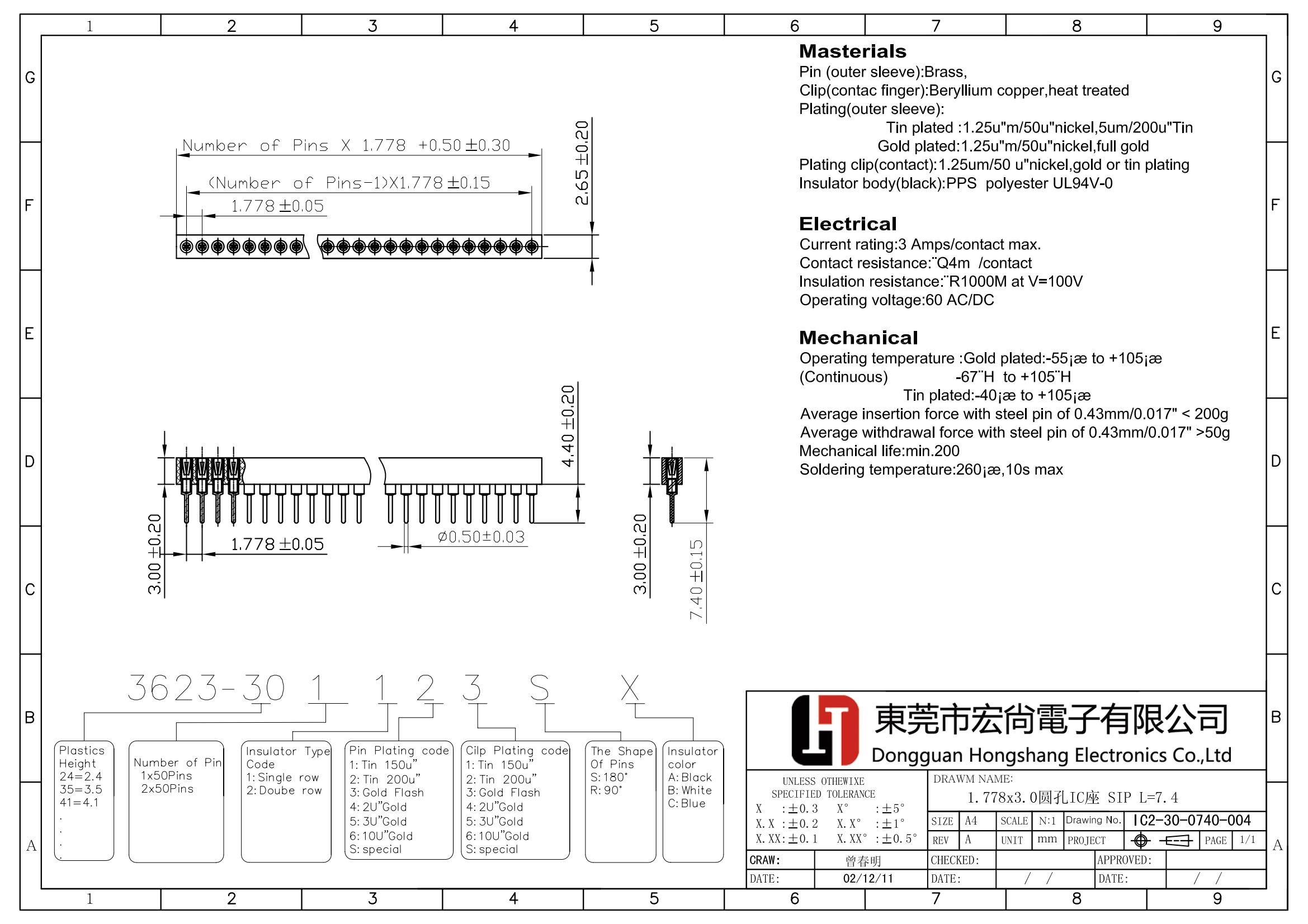 1.778mm Round pin female Socket H3.0mm SIP L=7.4