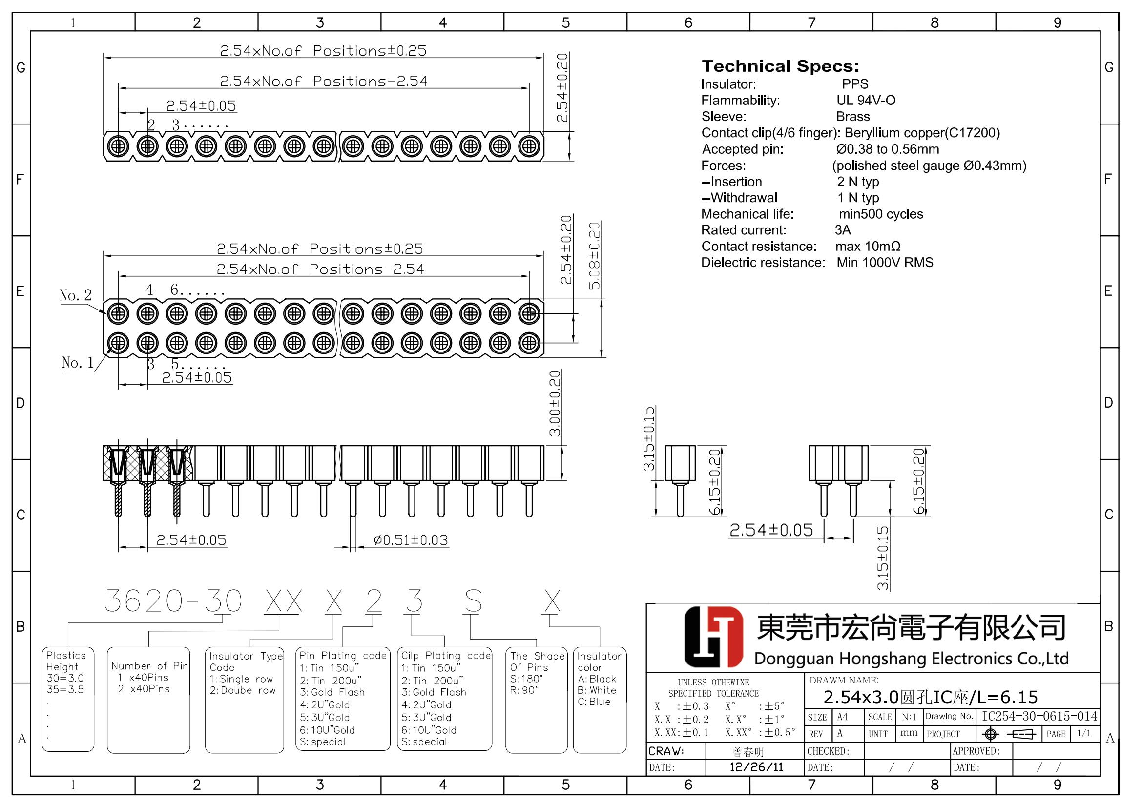 2.54x3.0mm machined pin female header DIP