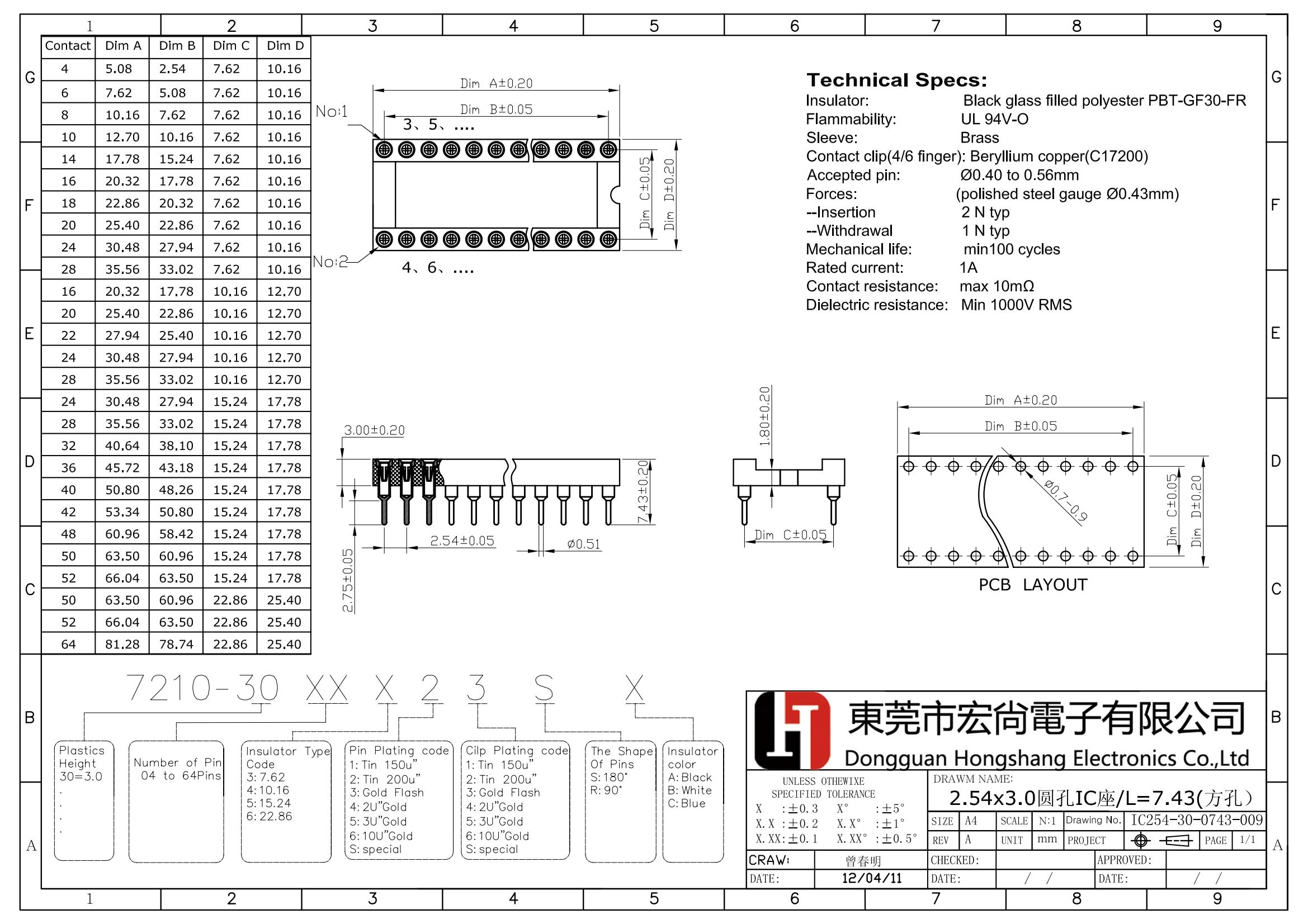 2.54x3.0mm IC socket sip L=7.43 mm