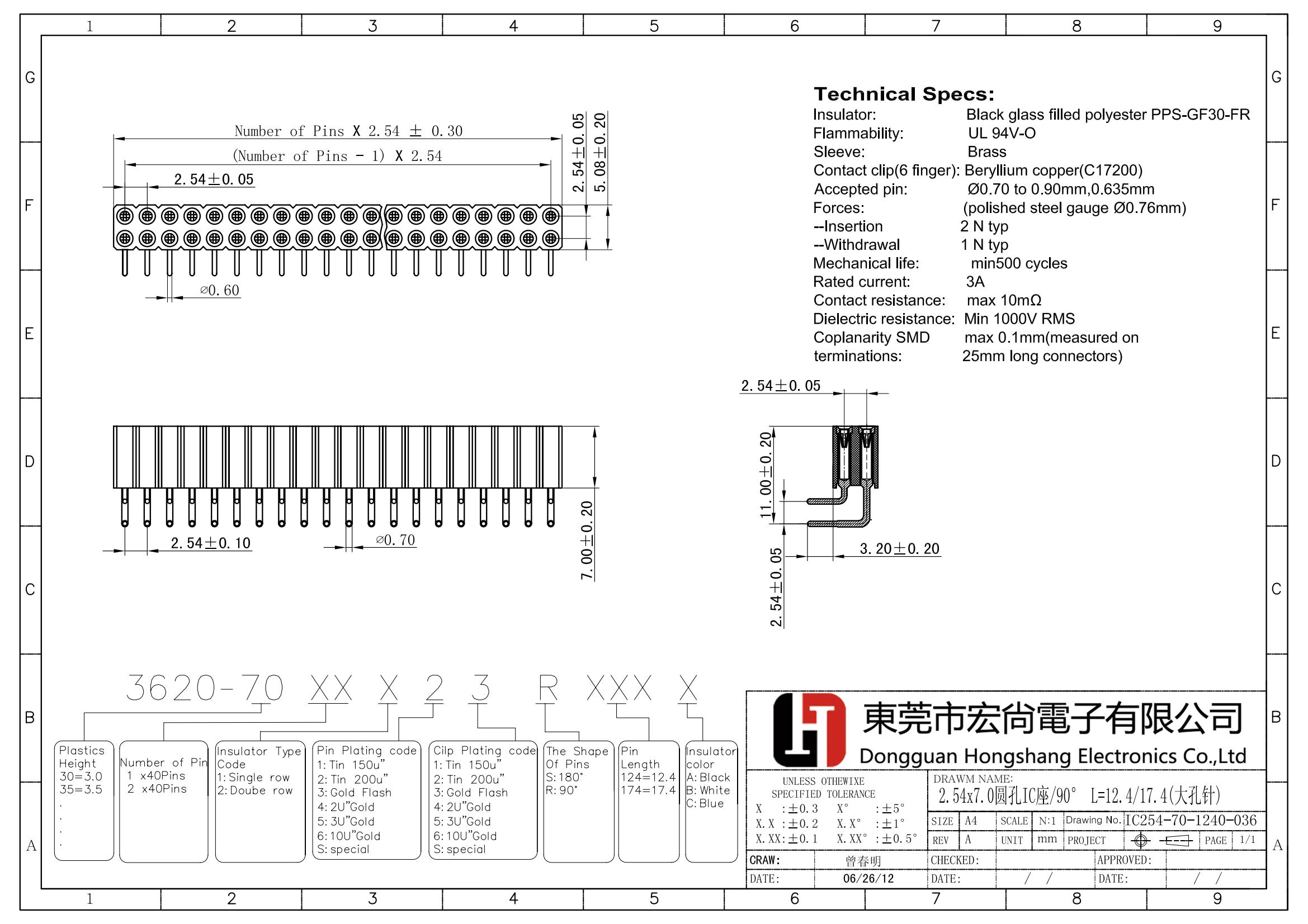 2.54xH7.0mm  Machined Pin Female Header L=12.4mm/17.4mm Dual Row Right angle