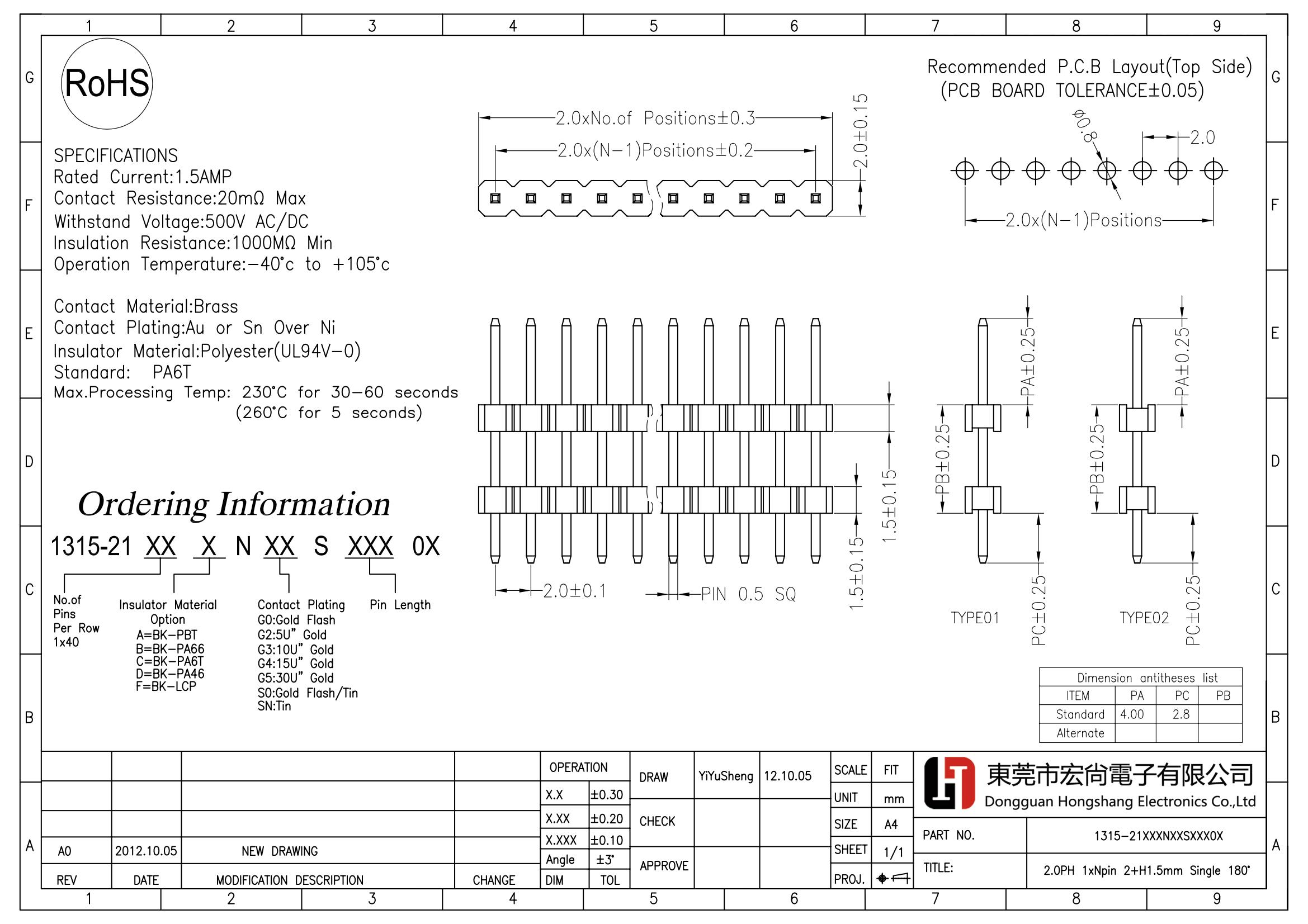 2.0PH 1*Npin 2+H1.5mm Single 180dip