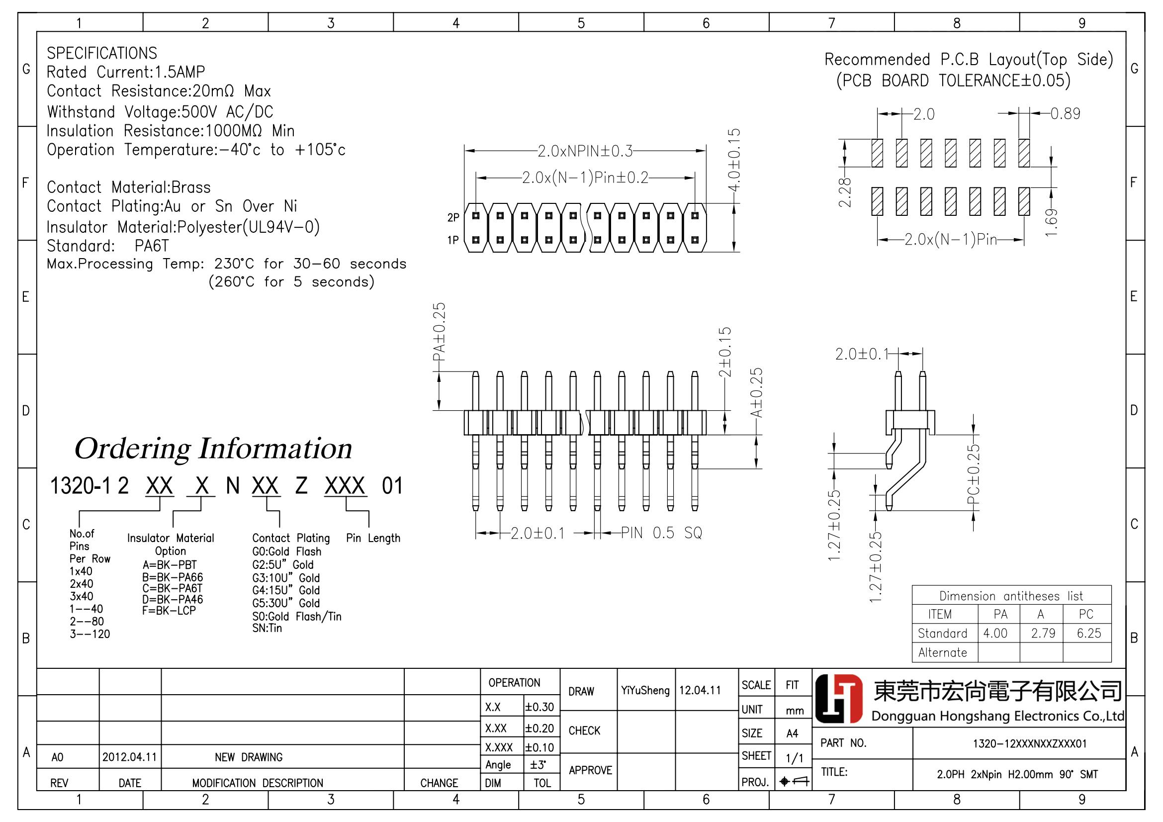 2.0PH 2*Npin H2.0mm 90dip SMT