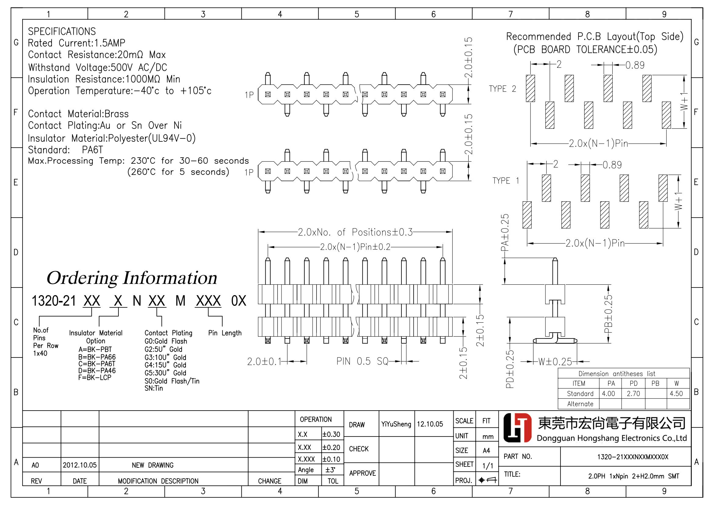 2.0PH 1*Npin 2+H2.0mm SMT