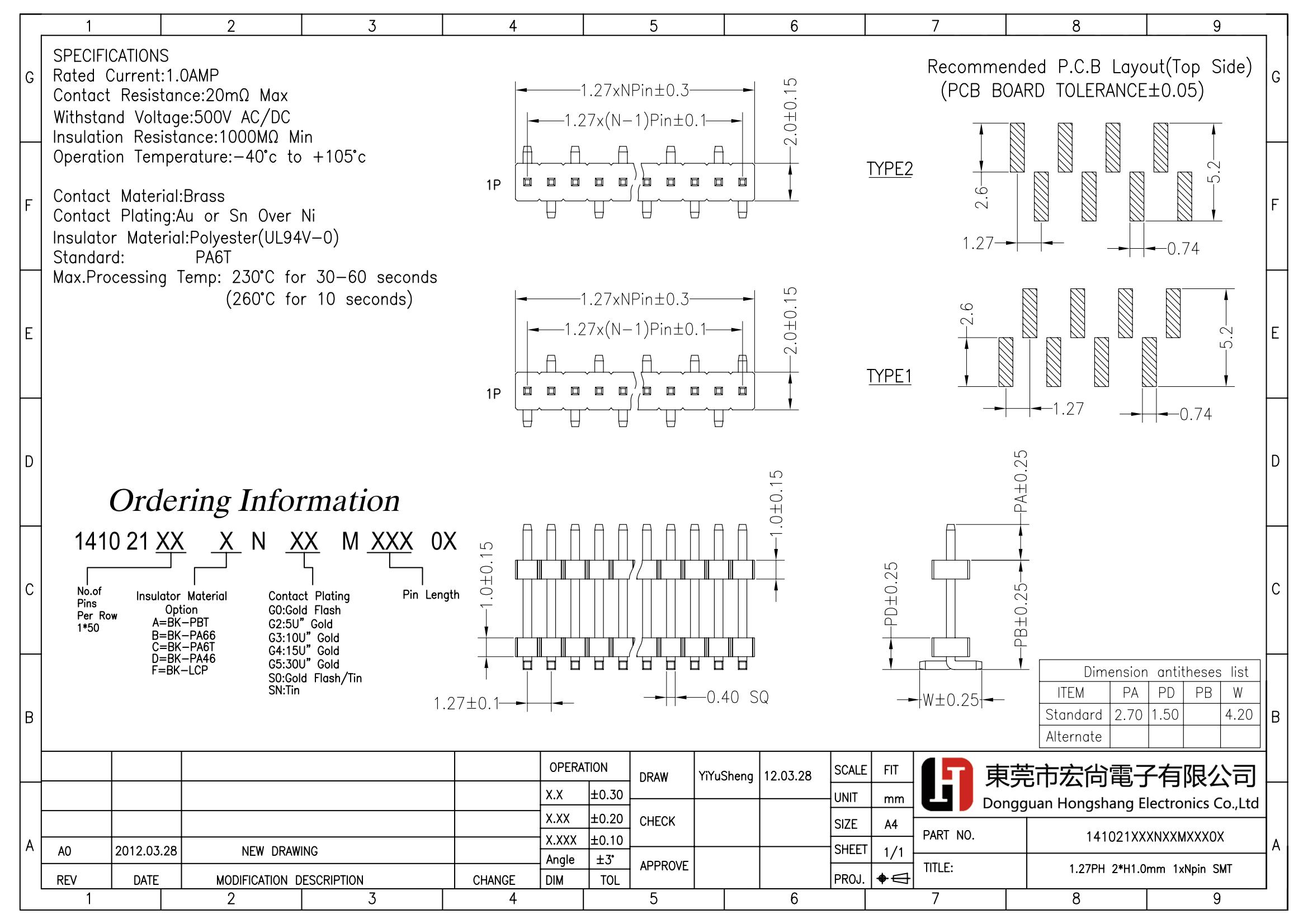 1.27PH 1*Npin 2*H1.0mm SMT