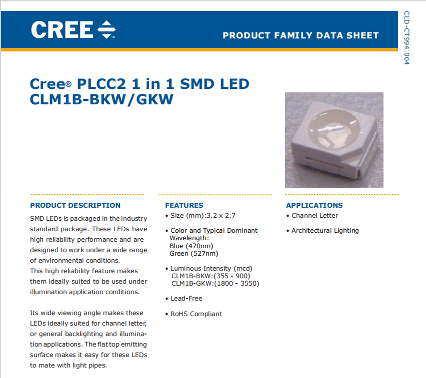PLCC2 1 in 1 SMD LED CLM1B-BKW/GKW