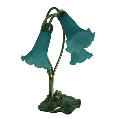 three lights lily tiffany table lamp blue glass lampshade 