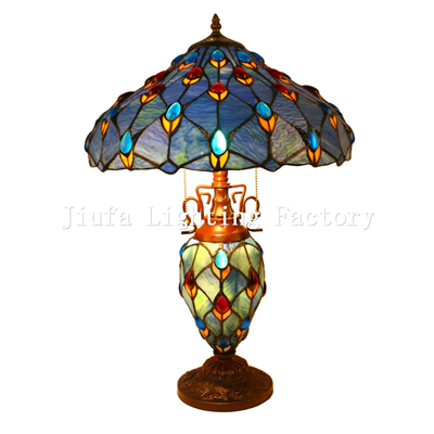 CL160003-peacock feather tiffany cluster double lit table lamp