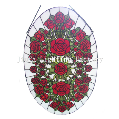 GP0003-Oval rose flower stained glass tiffany window panel