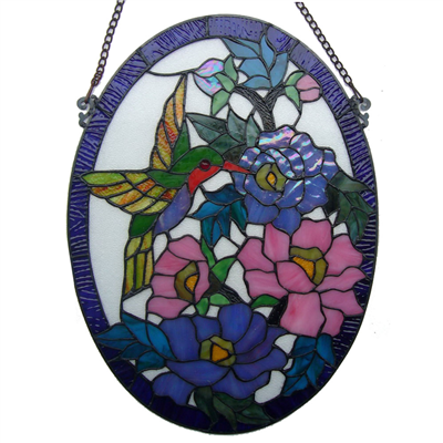 GP0006-Handcrafted Tiffany Style stained glass hummingbird window panel 
