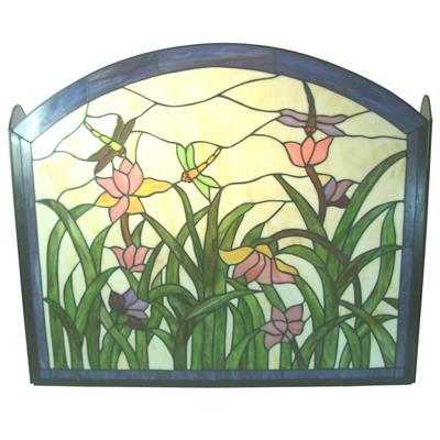 FC0004 Hand-cafted dragonfly and Floral Tiffany Stained Glass Fireplace Screen Vintage Decoration