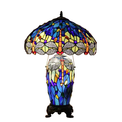 CL180004-Dragonfly tiffany cluster double lit table lamp