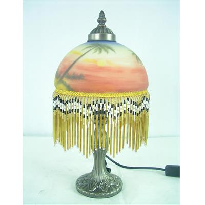 TRH080001 8 inch Reverse Hand Painted Lamp fringed table lamp Setting sun  Coconut tree Sandy beach 