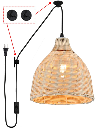 Hand Woven Bamboo Pendant Lighting for Kitchen Island, Plug in Cord Ceiling Hanging Wicker Lamp, Rat