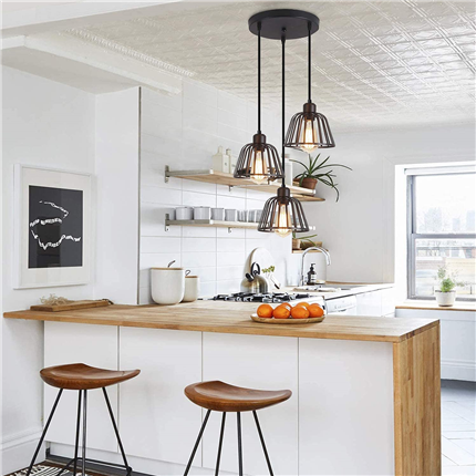 Industrial Pendant Light Wood 3 Flame Retro Hanging Lamp Black Metal Lampshade Country House Style L