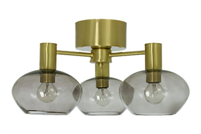 Bell metal ceiling lamp in black with 3 opal white/smoke glasses on fixed arms.