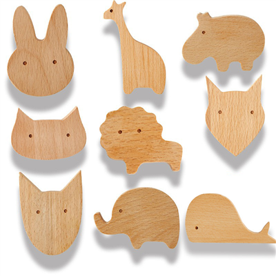 H00049 Wooden beech animal coat wall hooks wooden cat, elephant, dog, giraffe, hippo, rabbit, fox, l