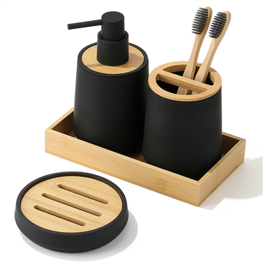 4 Piece Bamboo Bathroom Set Makeup Bottle Toothbrush Holder liquid Soap Pump Dispenser set with Tray