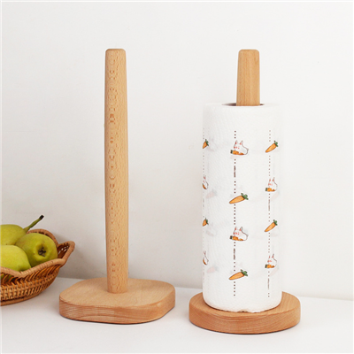 PH00005 Wooden Paper Towel Stand with Anti Slip Pad Round Tissue Paper Roll Holder for Kitchen