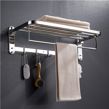 TW00012 Towel Shelf Foldable Wall-mount 304 Stainless Steel Polished Towel Rack with Clothes Hooks